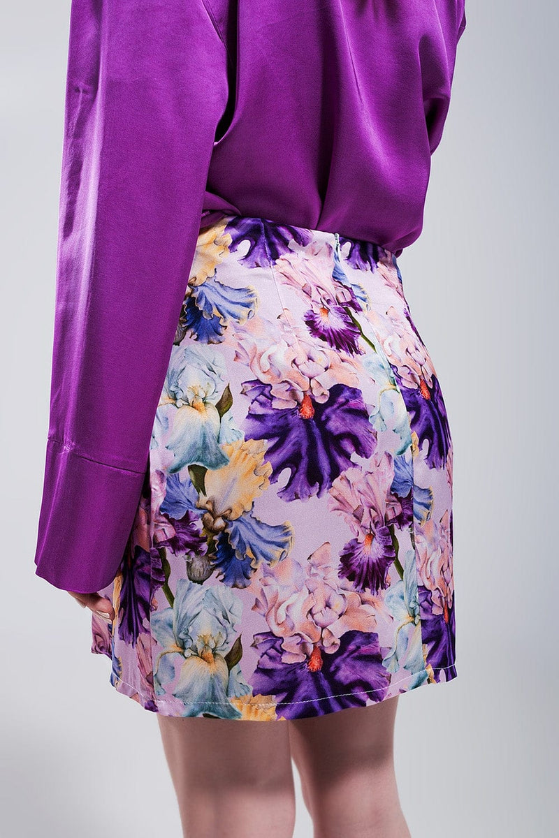 Q2 Women's Skirt Mini Skirt with Knot Front in Purple Clashing Floral