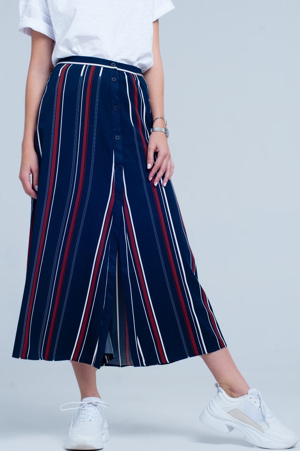Q2 Women's Skirt Navy blue striped midi skirt