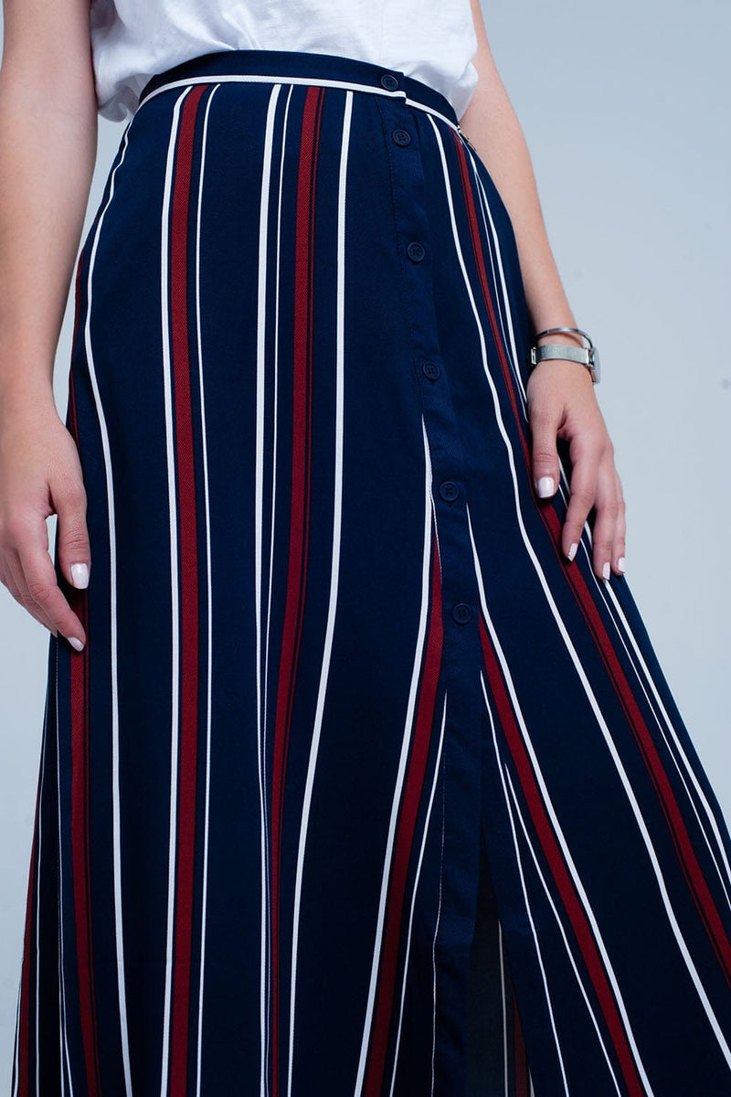 Q2 Women's Skirt Navy blue striped midi skirt