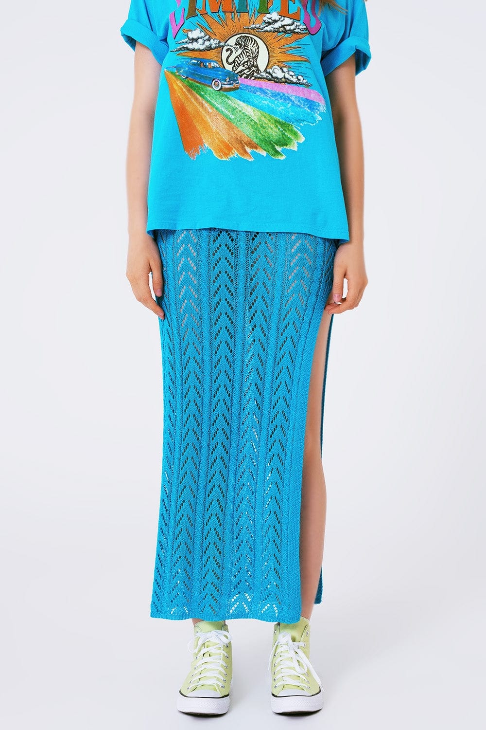 Q2 Women's Skirt One Size / Blue Crochet Maxi Skirt In Blue