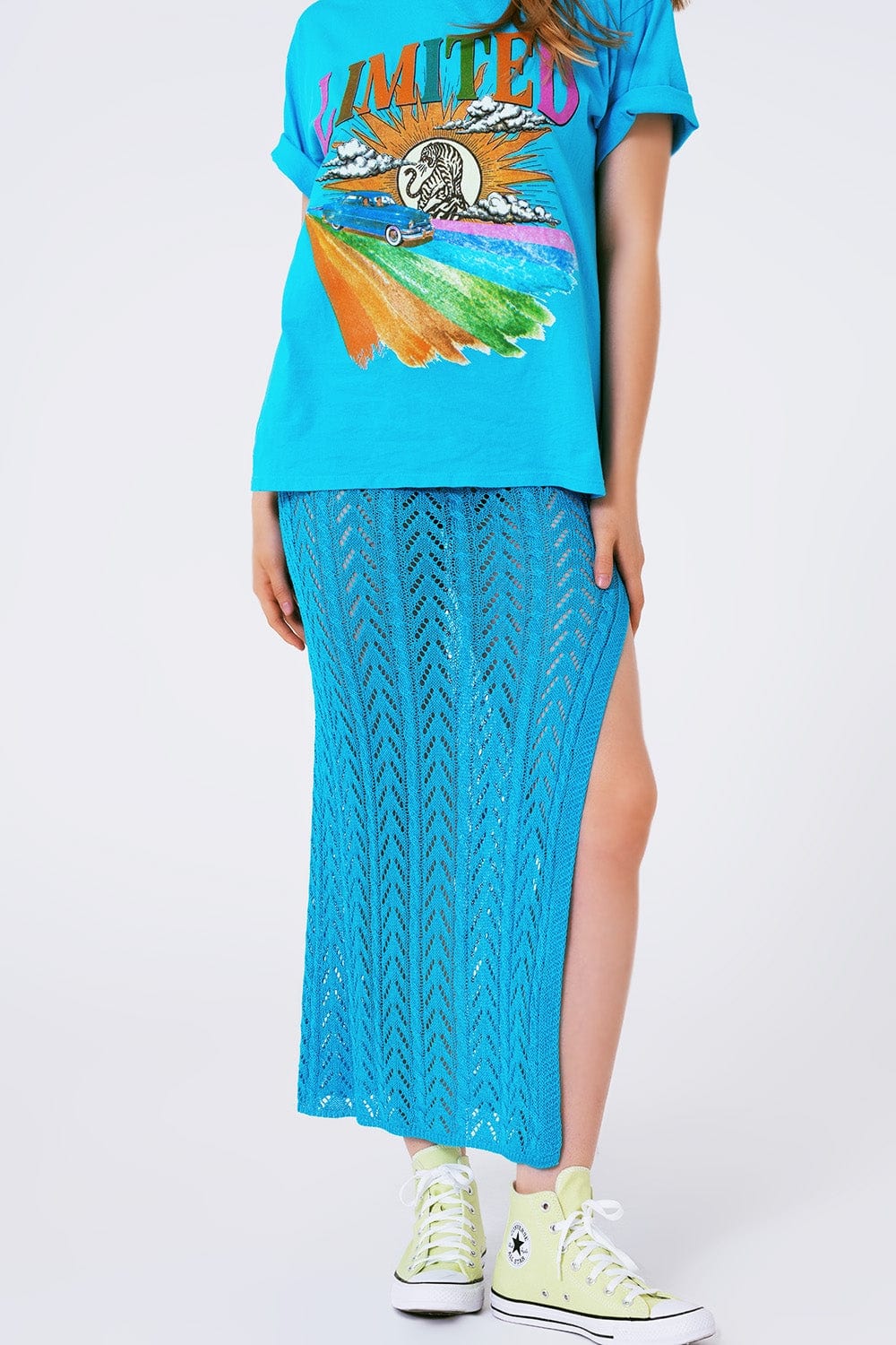 Q2 Women's Skirt One Size / Blue Crochet Maxi Skirt In Blue
