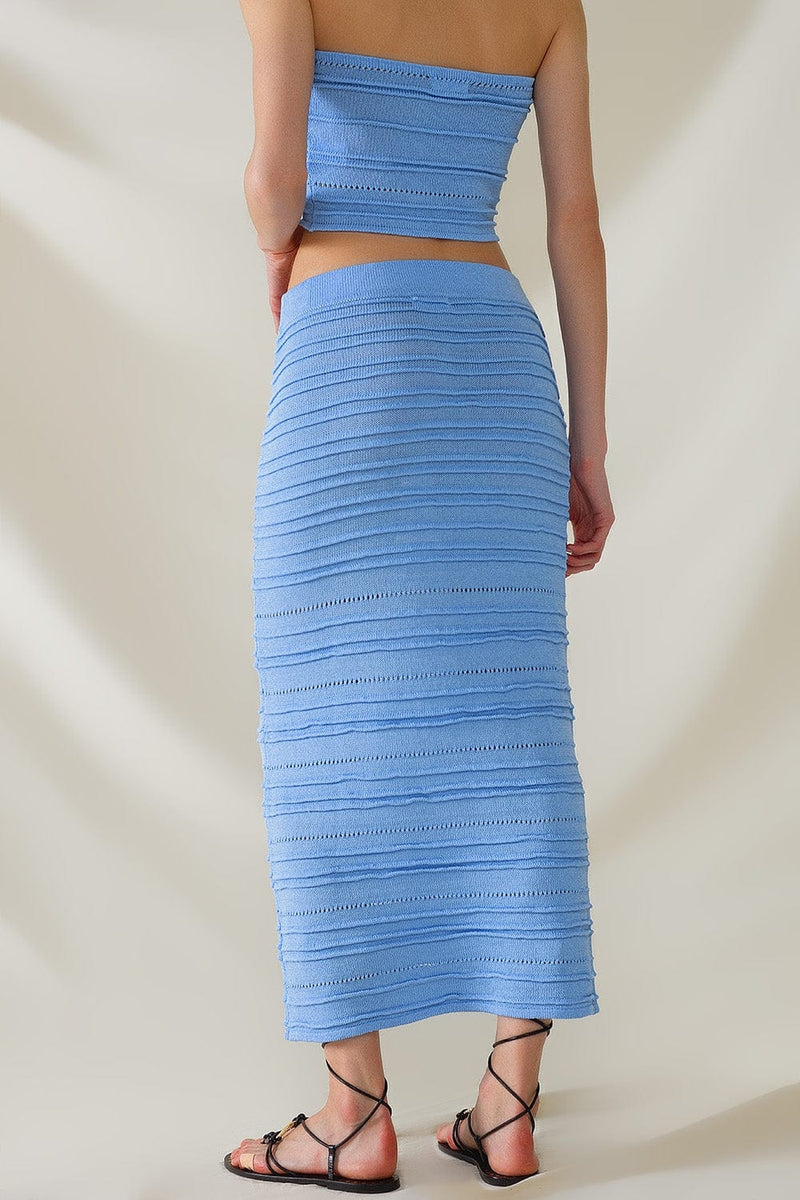 Q2 Women's Skirt One Size / Blue Knitted Midi Pencil Skirt In Light Blue