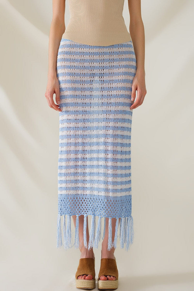 Q2 Women's Skirt One Size / Blue Midi Crochet White Skirt With Blue Stripes And Fringe Hem