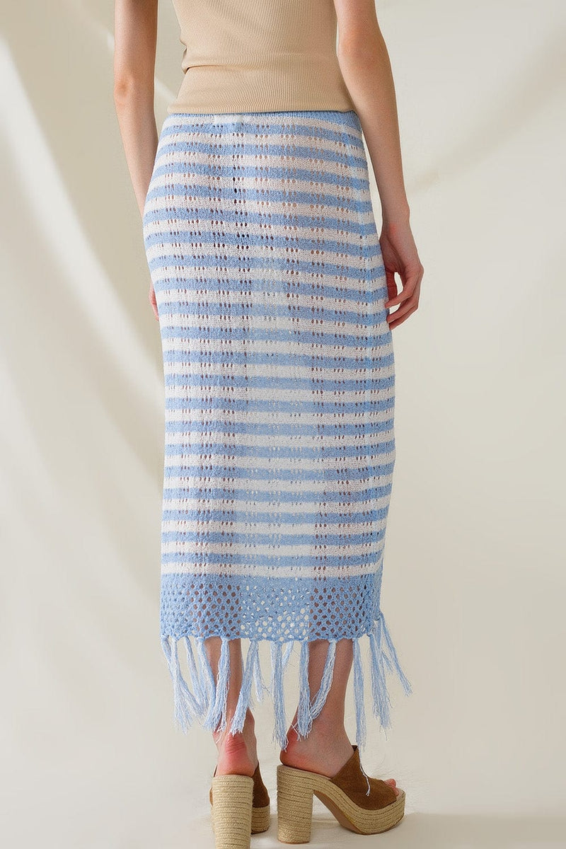 Q2 Women's Skirt One Size / Blue Midi Crochet White Skirt With Blue Stripes And Fringe Hem