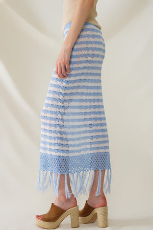 Q2 Women's Skirt One Size / Blue Midi Crochet White Skirt With Blue Stripes And Fringe Hem