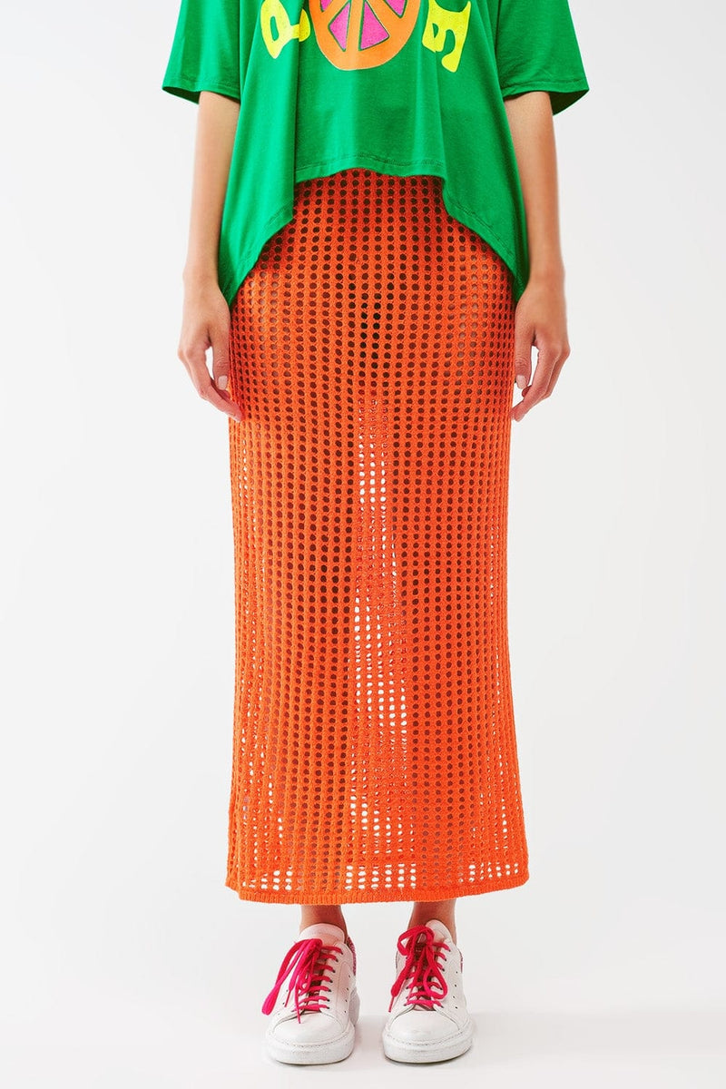 Q2 Women's Skirt One Size / Orange Maxi Sheer Crochet Skirt In Orange