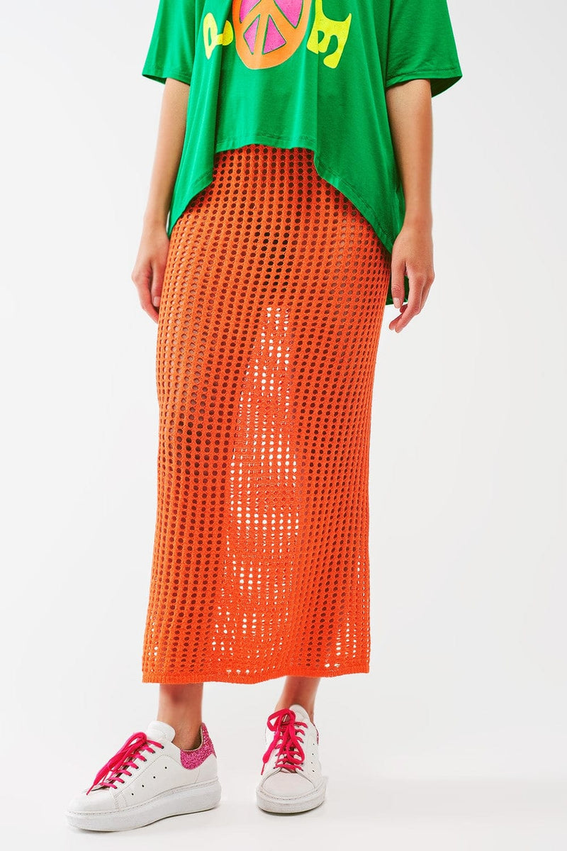 Q2 Women's Skirt One Size / Orange Maxi Sheer Crochet Skirt In Orange