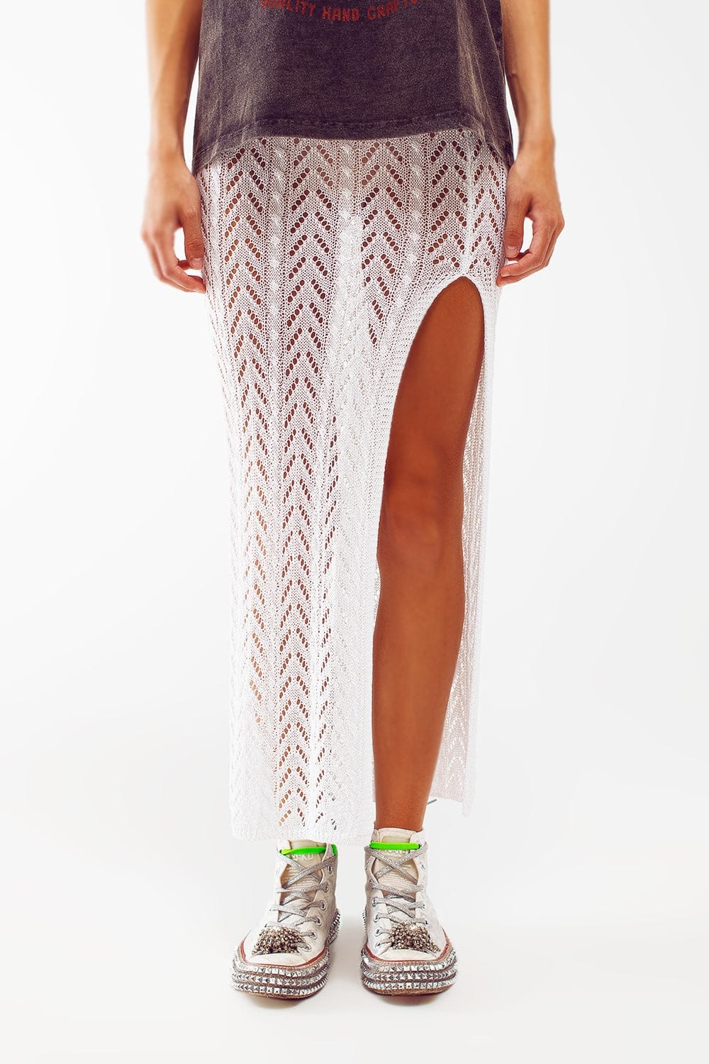 Q2 Women's Skirt One Size / White Crochet Maxi Skirt In White