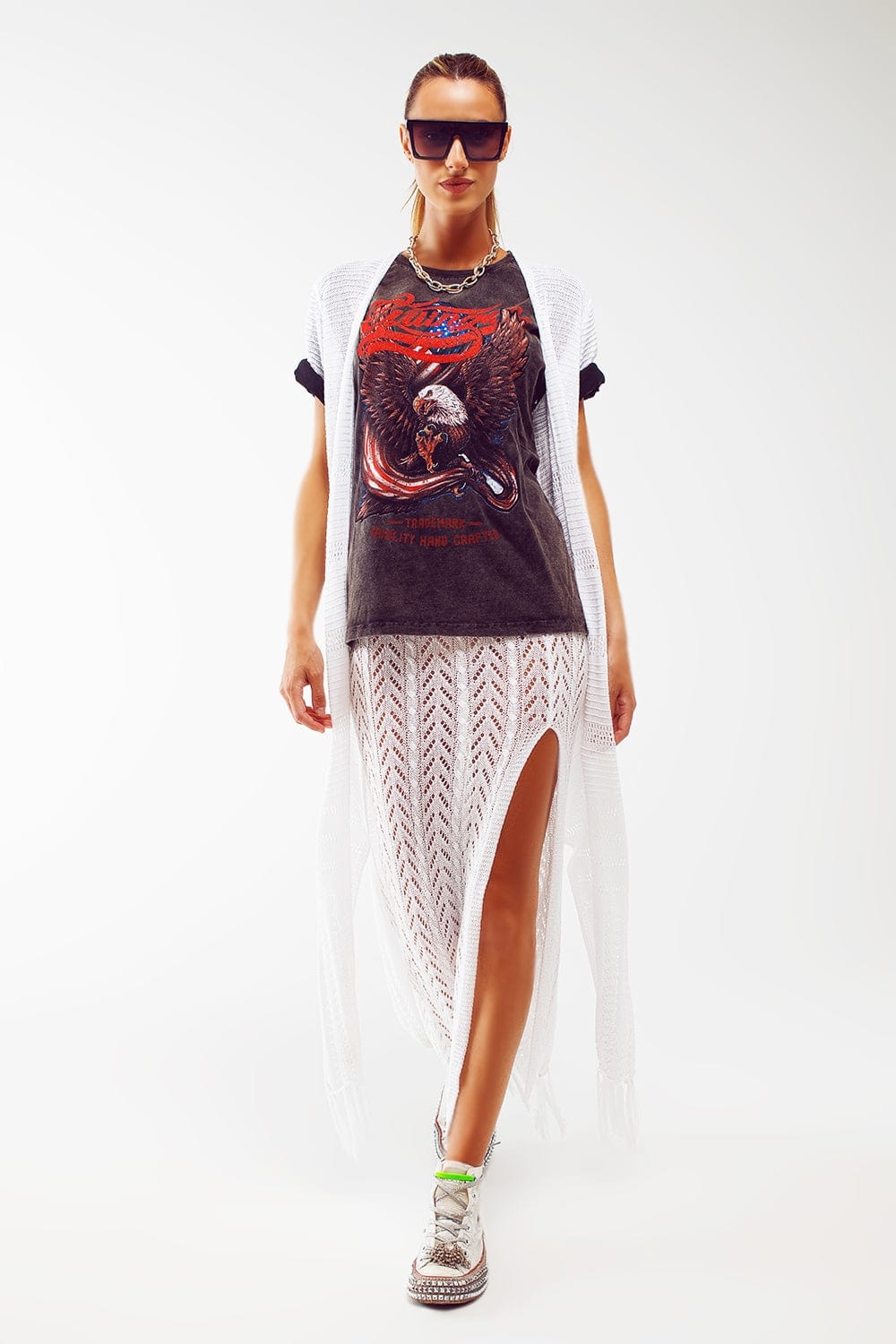 Q2 Women's Skirt One Size / White Crochet Maxi Skirt In White