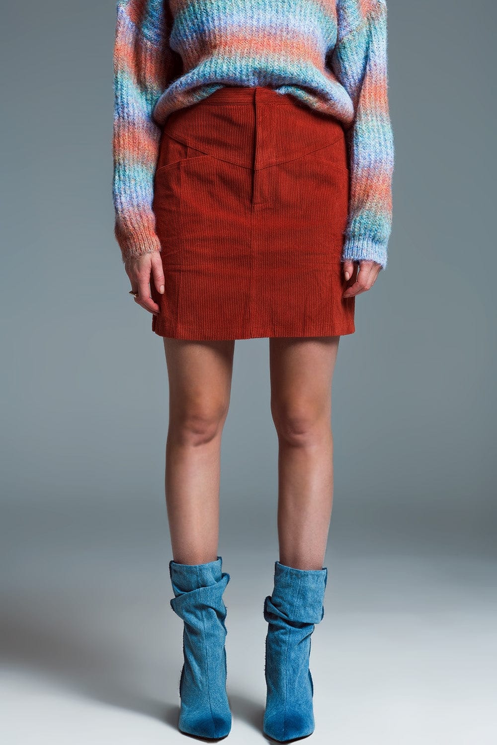 Q2 Women's Skirt Orange Corduroy Miniskirt With Pockets