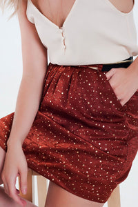 Q2 Women's Skirt Orange Mini Skirt with Pleats in Gold Polka Dot