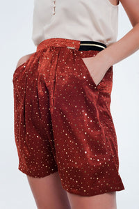 Q2 Women's Skirt Orange Mini Skirt with Pleats in Gold Polka Dot