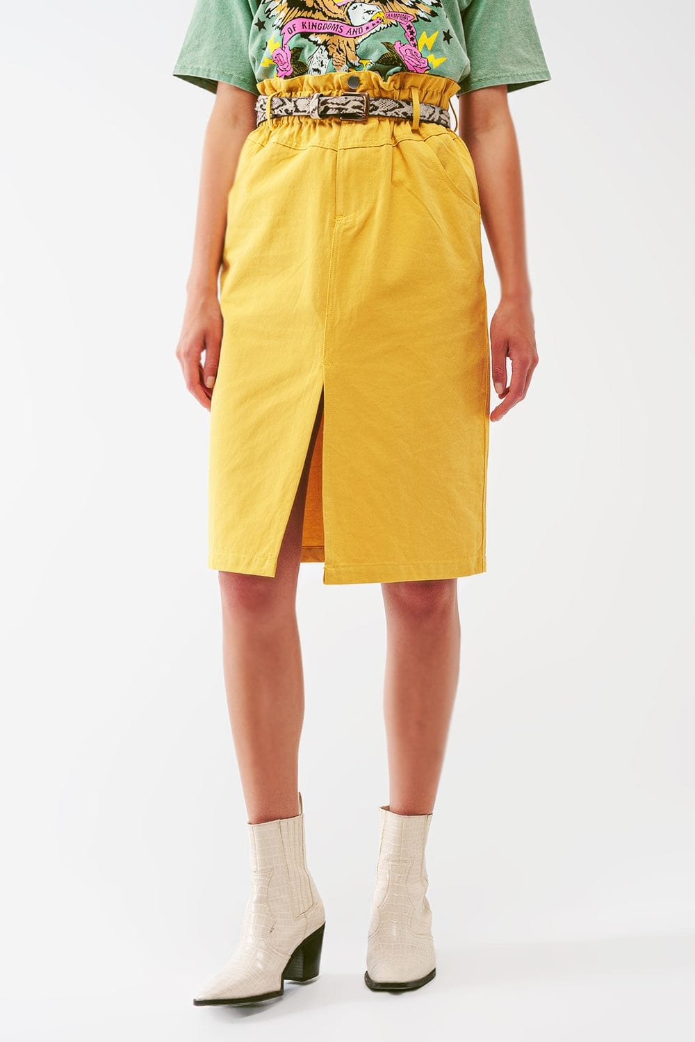 Q2 Women's Skirt Paper Bag Waist Straight Skirt With Front Slit In Yellow