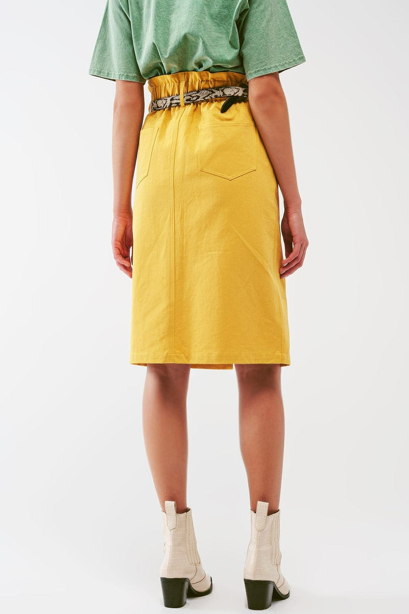 Q2 Women's Skirt Paper Bag Waist Straight Skirt With Front Slit In Yellow