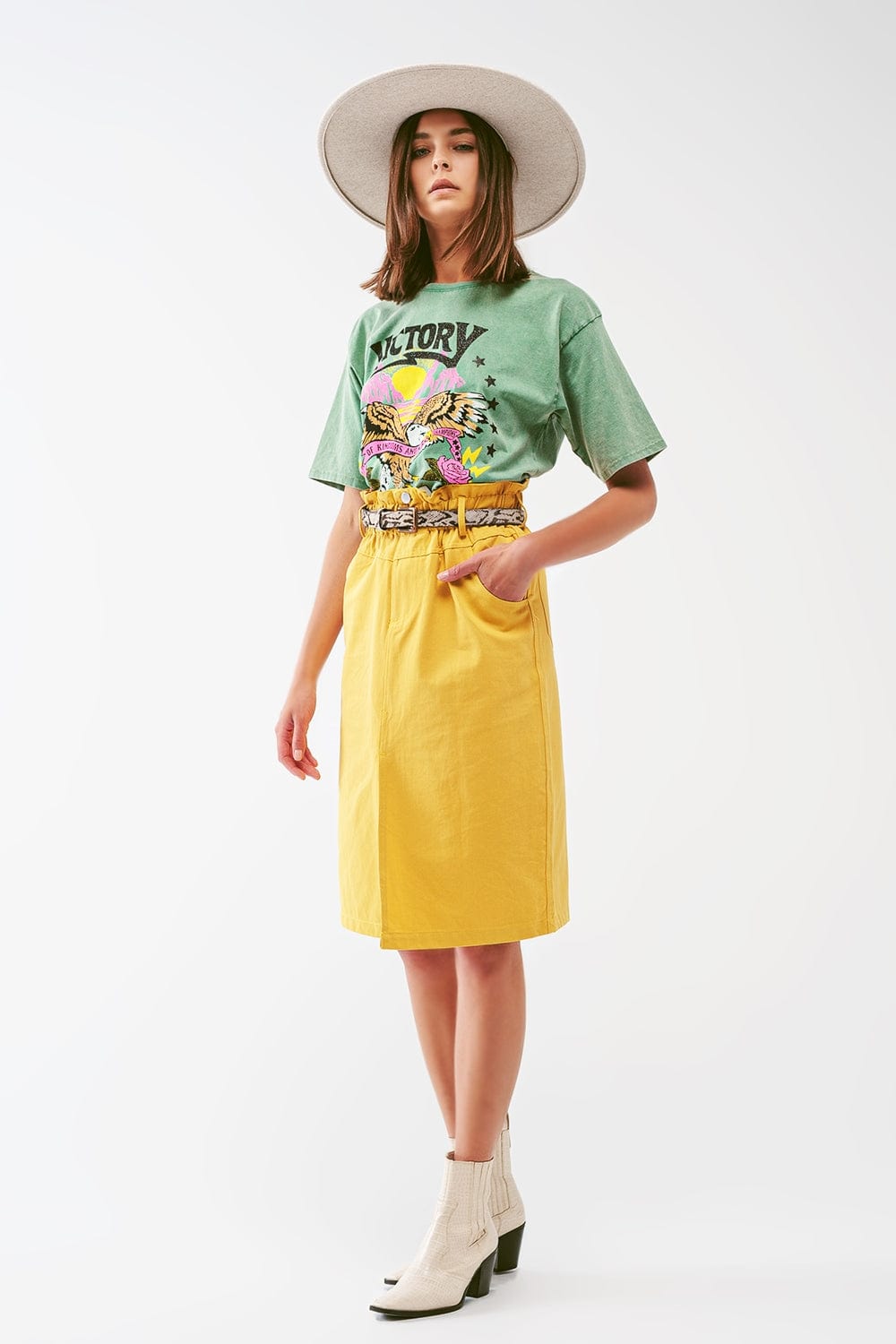 Q2 Women's Skirt Paper Bag Waist Straight Skirt With Front Slit In Yellow