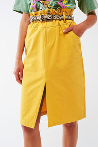 Q2 Women's Skirt Paper Bag Waist Straight Skirt With Front Slit In Yellow