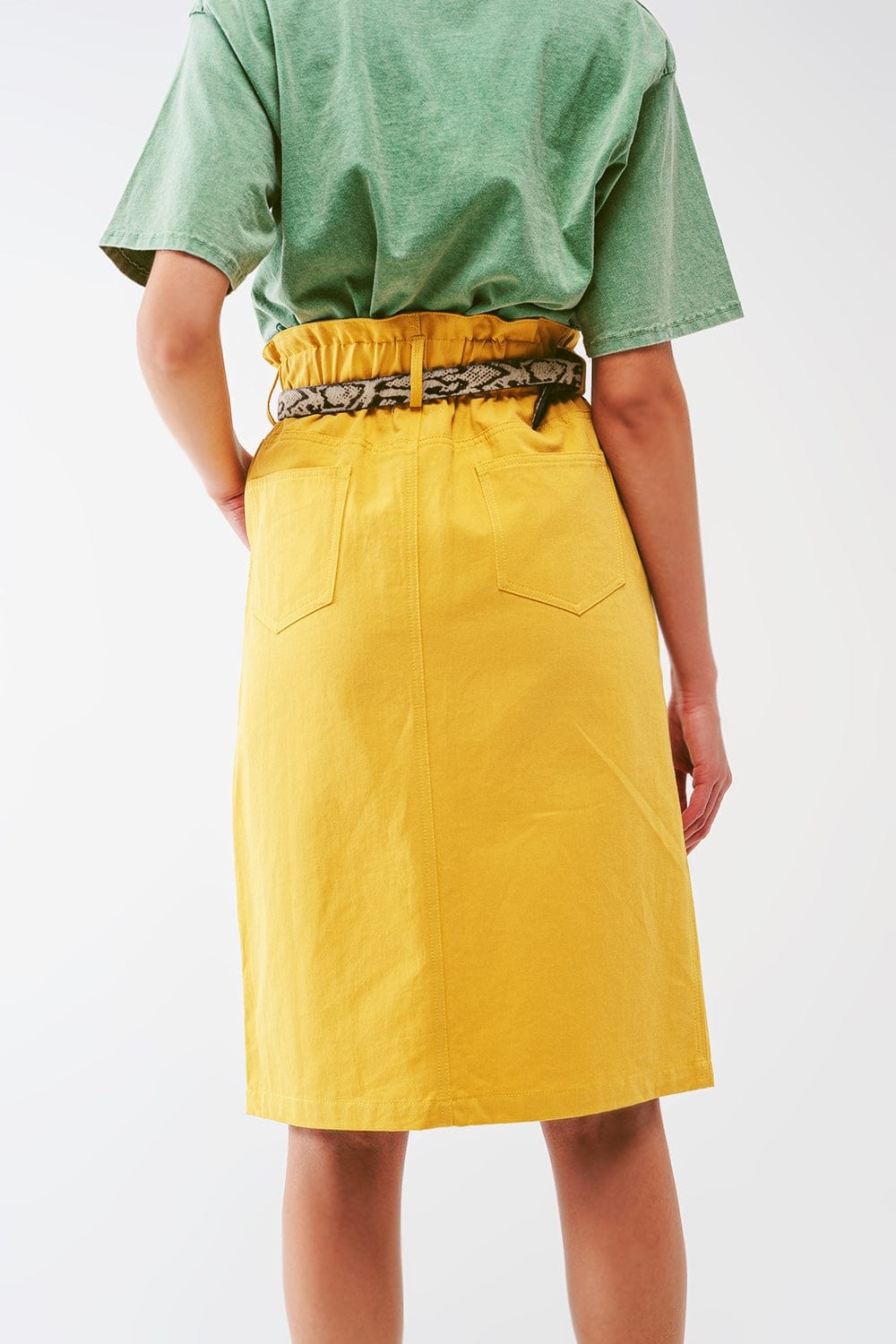 Q2 Women's Skirt Paper Bag Waist Straight Skirt With Front Slit In Yellow