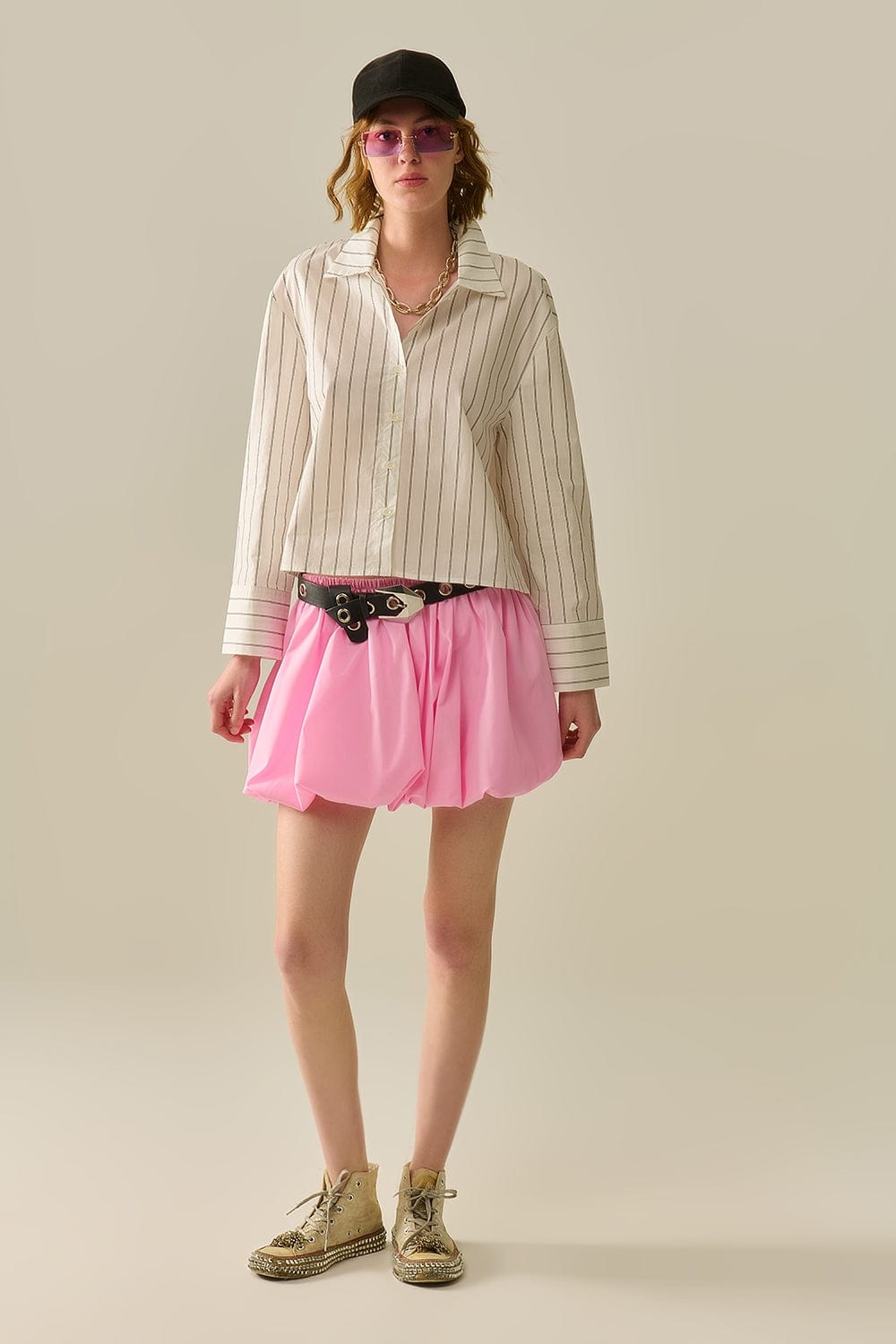 Q2 Women's Skirt Pink Poplin Balloon Miniskirt