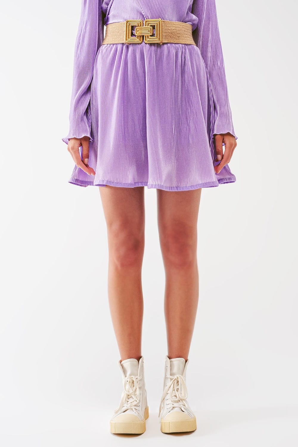 Q2 Women's Skirt Pleated Satin Mini Skirt in lilac