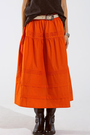 Q2 Women's Skirt Poplin Tiered Maxi Skirt With Stitching Details In Orange