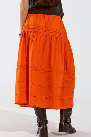 Q2 Women's Skirt Poplin Tiered Maxi Skirt With Stitching Details In Orange