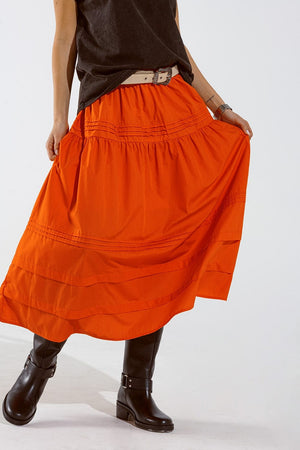 Q2 Women's Skirt Poplin Tiered Maxi Skirt With Stitching Details In Orange