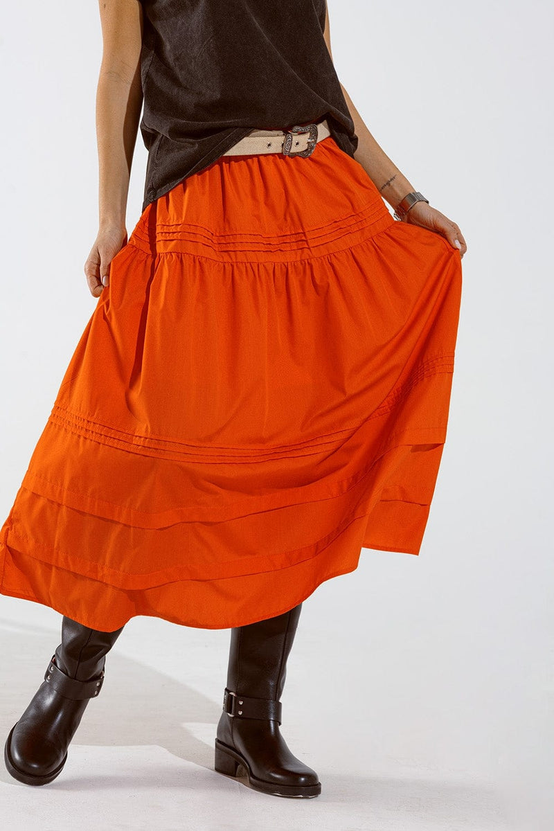 Q2 Women's Skirt Poplin Tiered Maxi Skirt With Stitching Details In Orange