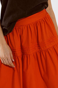 Q2 Women's Skirt Poplin Tiered Maxi Skirt With Stitching Details In Orange