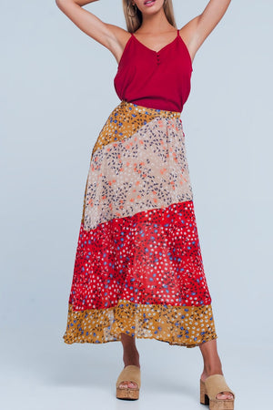 Q2 Women's Skirt Red Floral Meadow Bias Cut Midi Skirt