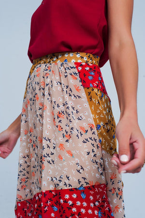 Q2 Women's Skirt Red Floral Meadow Bias Cut Midi Skirt