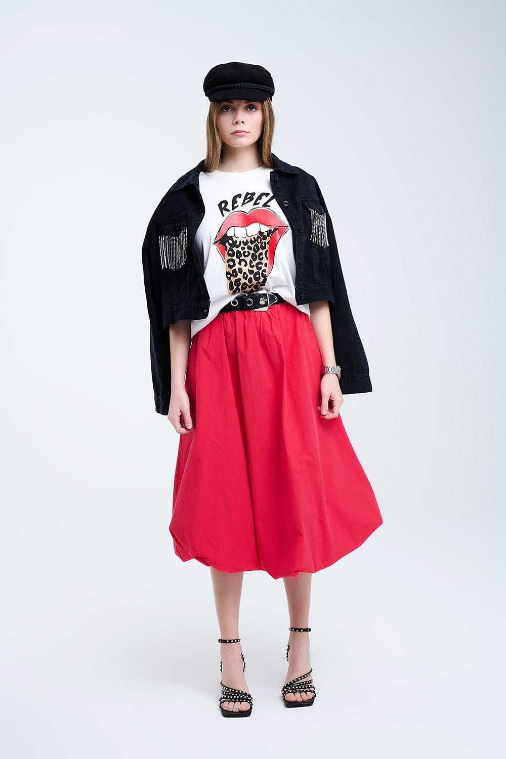 Q2 Women's Skirt Red Mini Bubble Skirt In Poplin Fabric