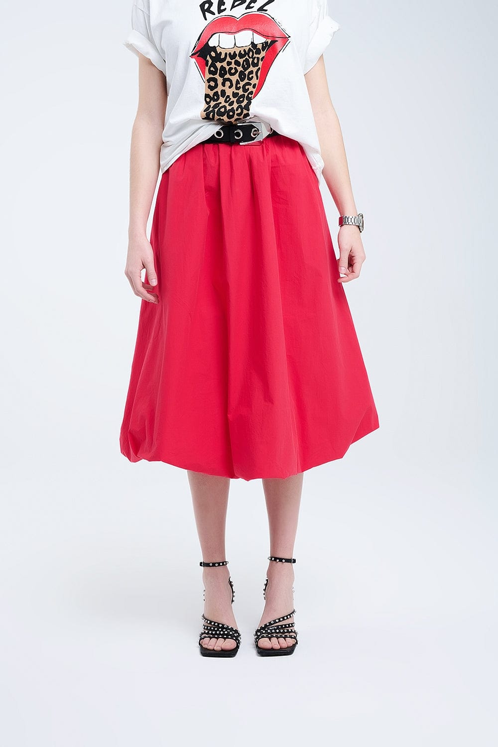 Q2 Women's Skirt Red Mini Bubble Skirt In Poplin Fabric