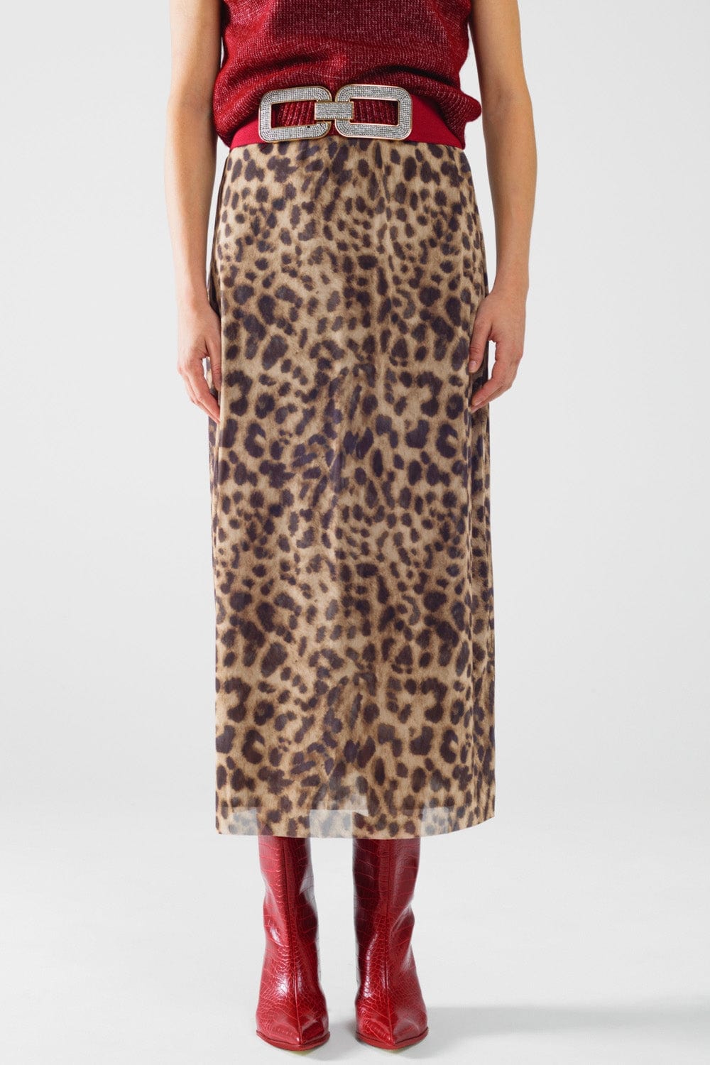 Q2 Women's Skirt Sheer Long Leopard Print Bodycon Midi Skirt