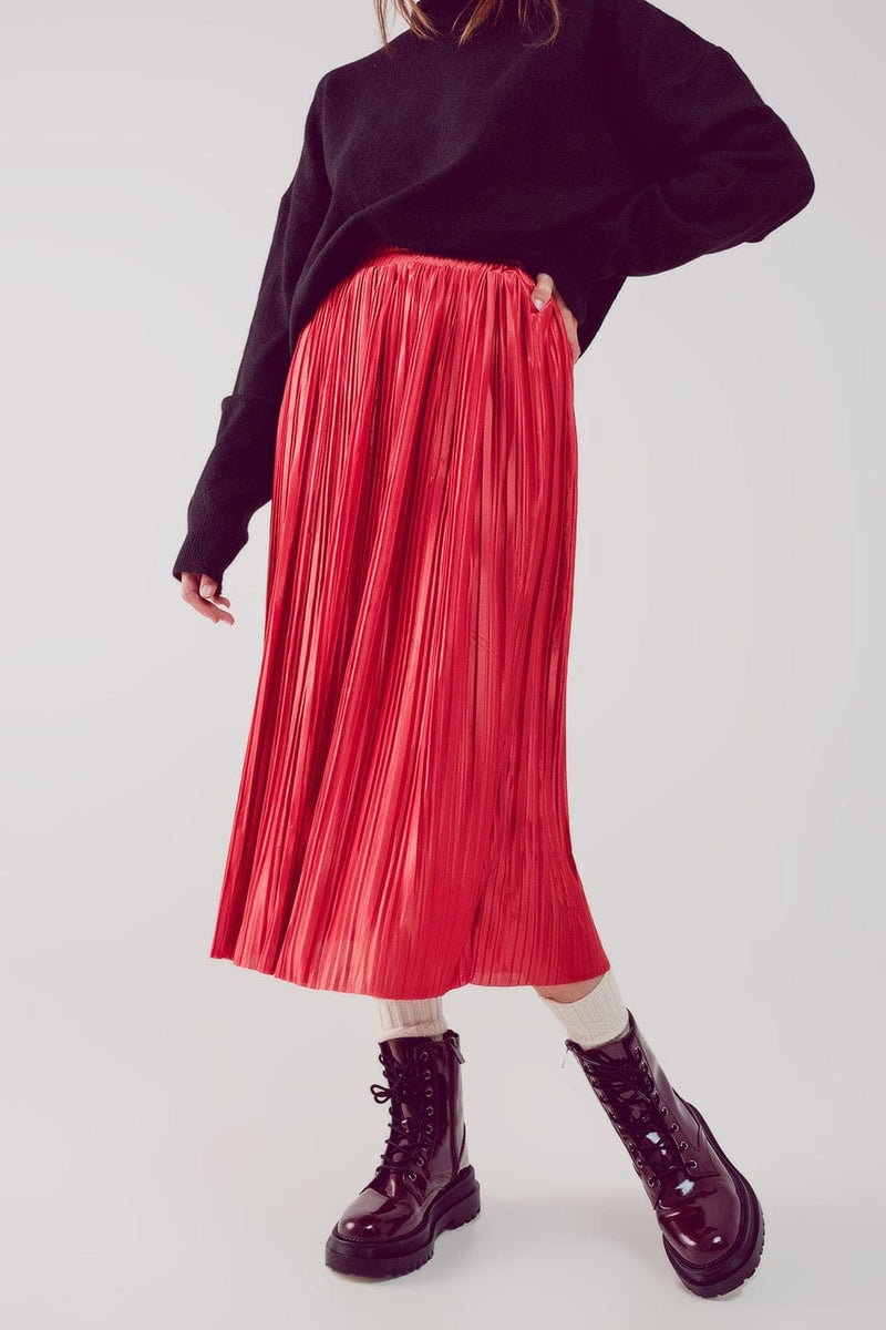 Q2 Women's Skirt Shiny Rust Pleated Midi Skirt