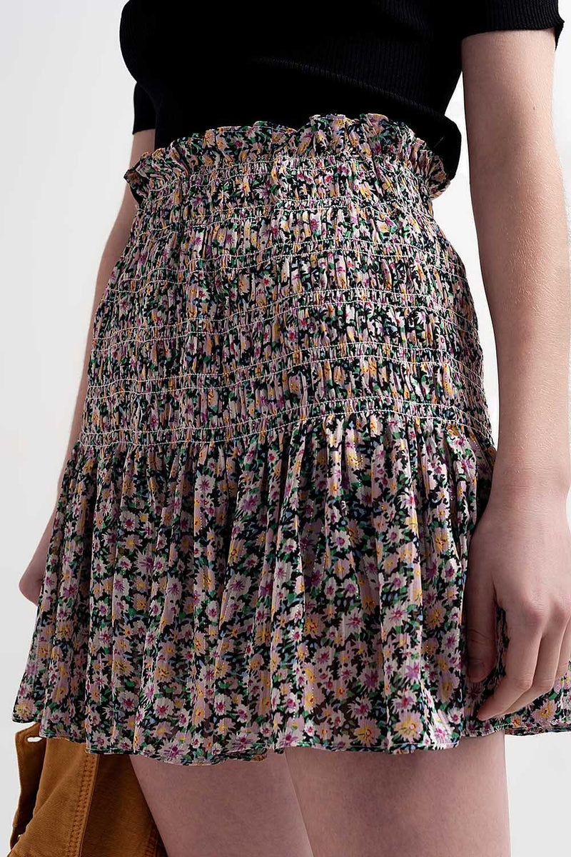 Q2 Women's Skirt Shirred Skater Skirt Co-Ord in Black Ditsy Floral