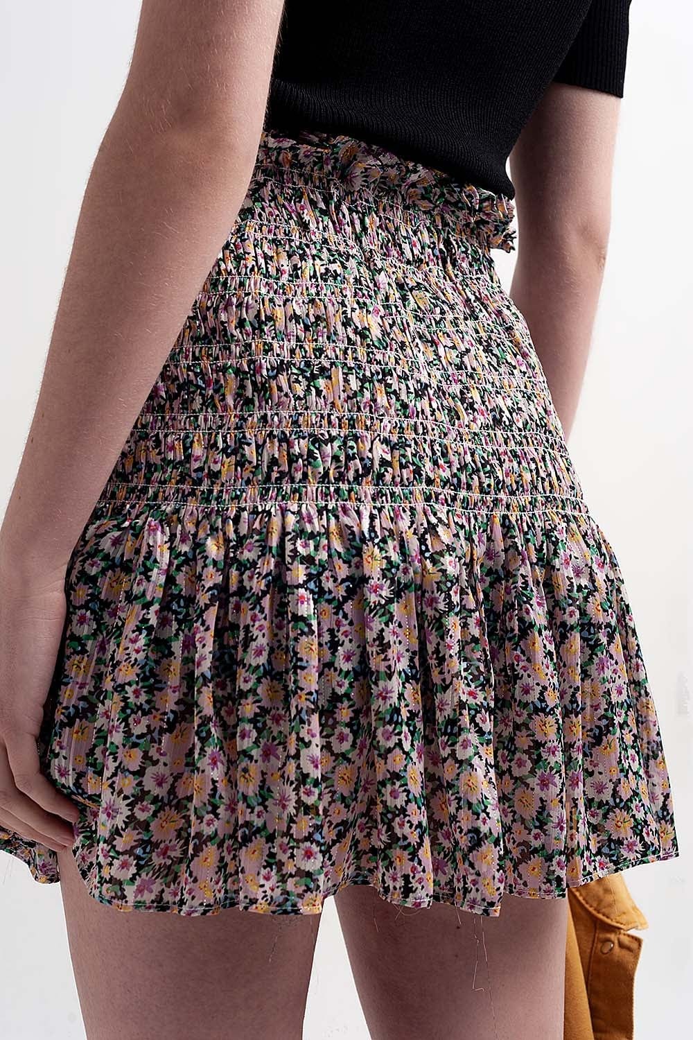 Q2 Women's Skirt Shirred Skater Skirt Co-Ord in Black Ditsy Floral