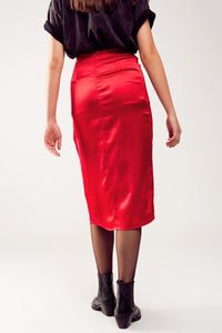 Q2 Women's Skirt Split Front Midi Skirt in Red