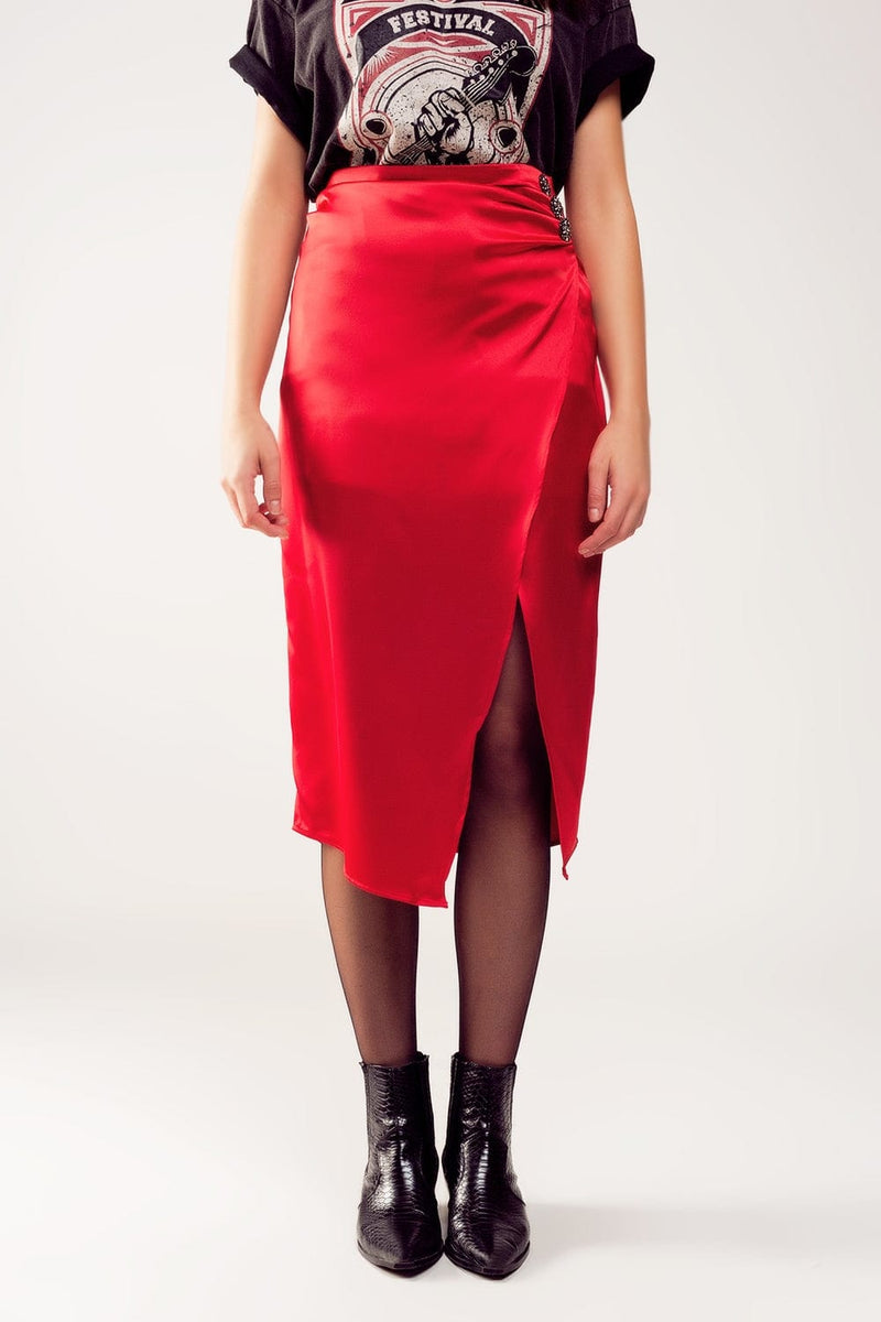 Q2 Women's Skirt Split Front Midi Skirt in Red
