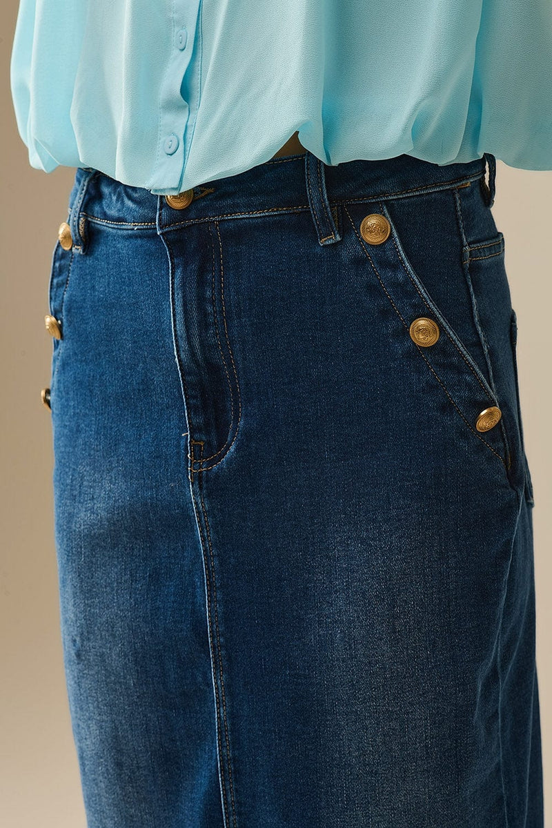 Q2 Women's Skirt Stretch Denim Midi Skirt With Gold Button Details