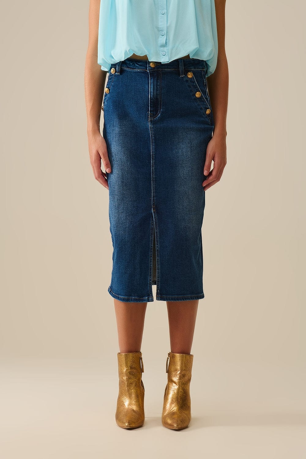 Q2 Women's Skirt Stretch Denim Midi Skirt With Gold Button Details