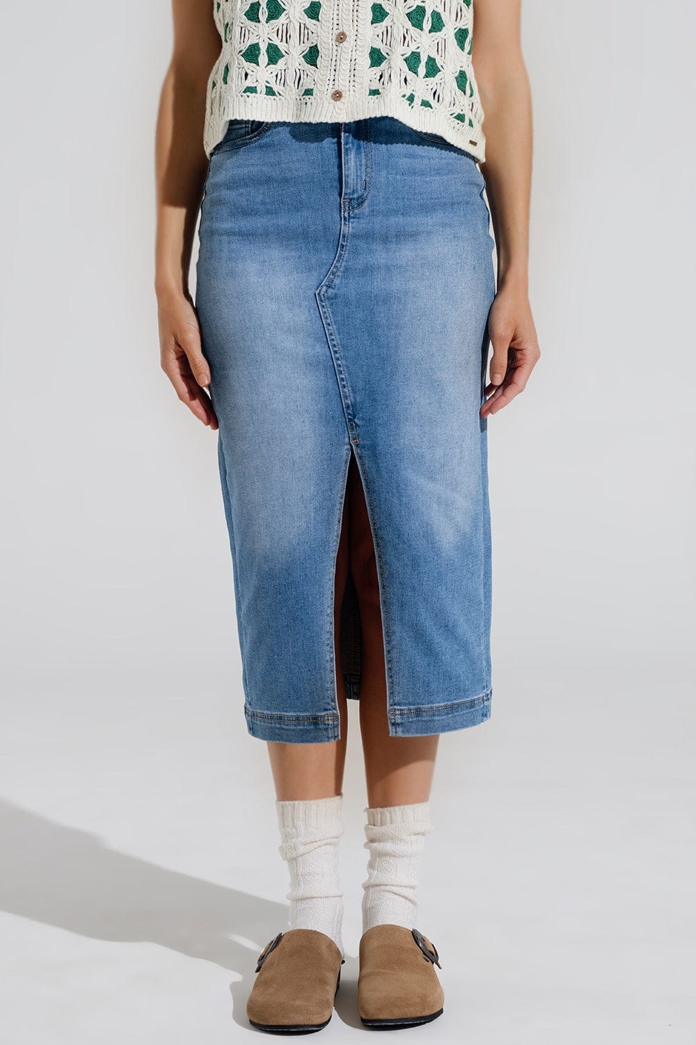 Q2 Women's Skirt Stretch Denim Midi Skirt With Split Down The Front