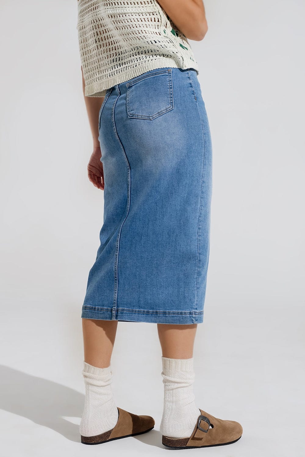 Q2 Women's Skirt Stretch Denim Midi Skirt With Split Down The Front