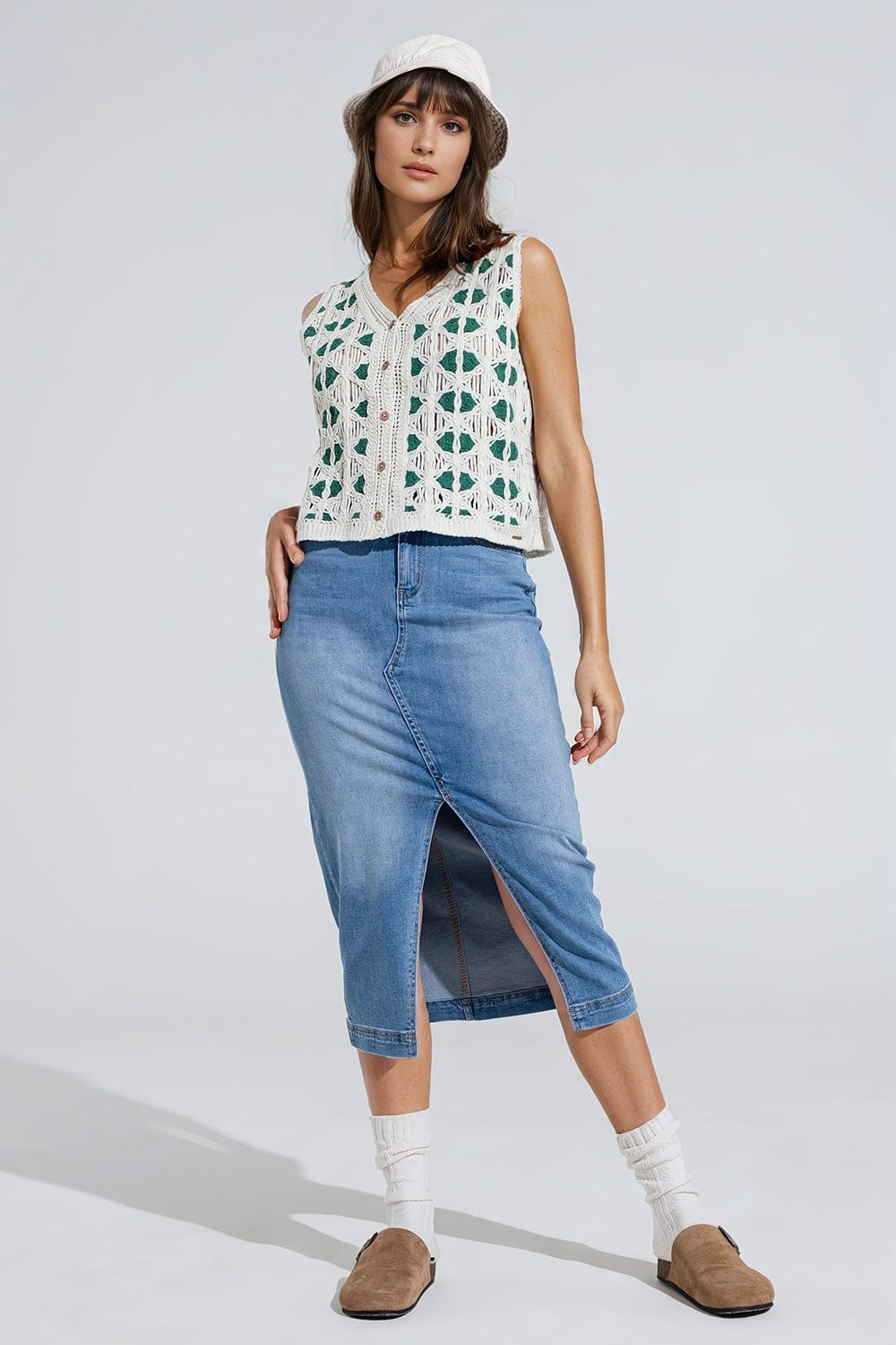 Q2 Women's Skirt Stretch Denim Midi Skirt With Split Down The Front