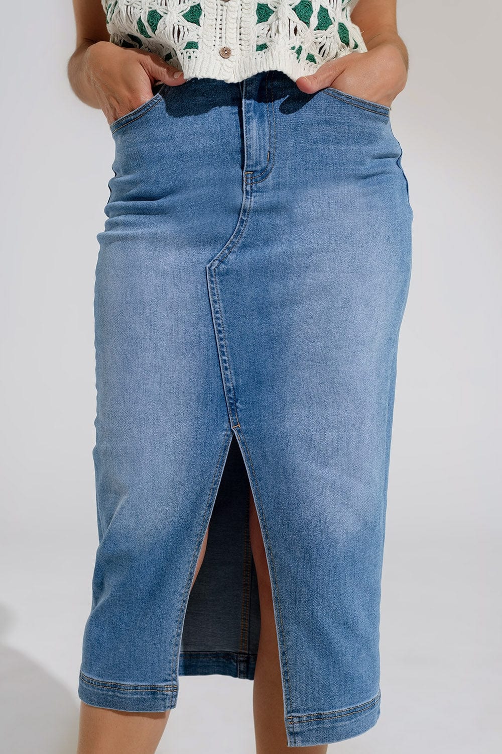 Q2 Women's Skirt Stretch Denim Midi Skirt With Split Down The Front