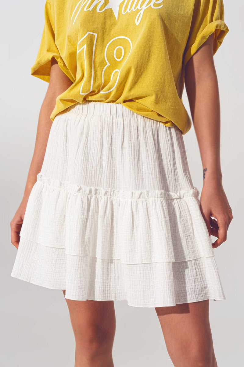 Q2 Women's Skirt Textured Ruffle Mini Skirt in White
