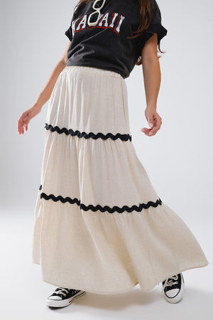 Q2 Women's Skirt Tiered Linen Maxi Skirt With Contrast Scallop Trim In Beige