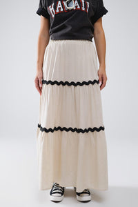 Q2 Women's Skirt Tiered Linen Maxi Skirt With Contrast Scallop Trim In Beige