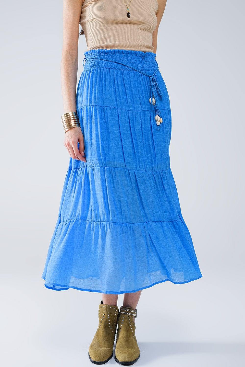 Q2 Women's Skirt Tiered Maxi Skirt In Blue With Elastic Waist And Shell Details