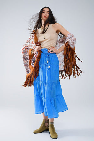 Q2 Women's Skirt Tiered Maxi Skirt In Blue With Elastic Waist And Shell Details