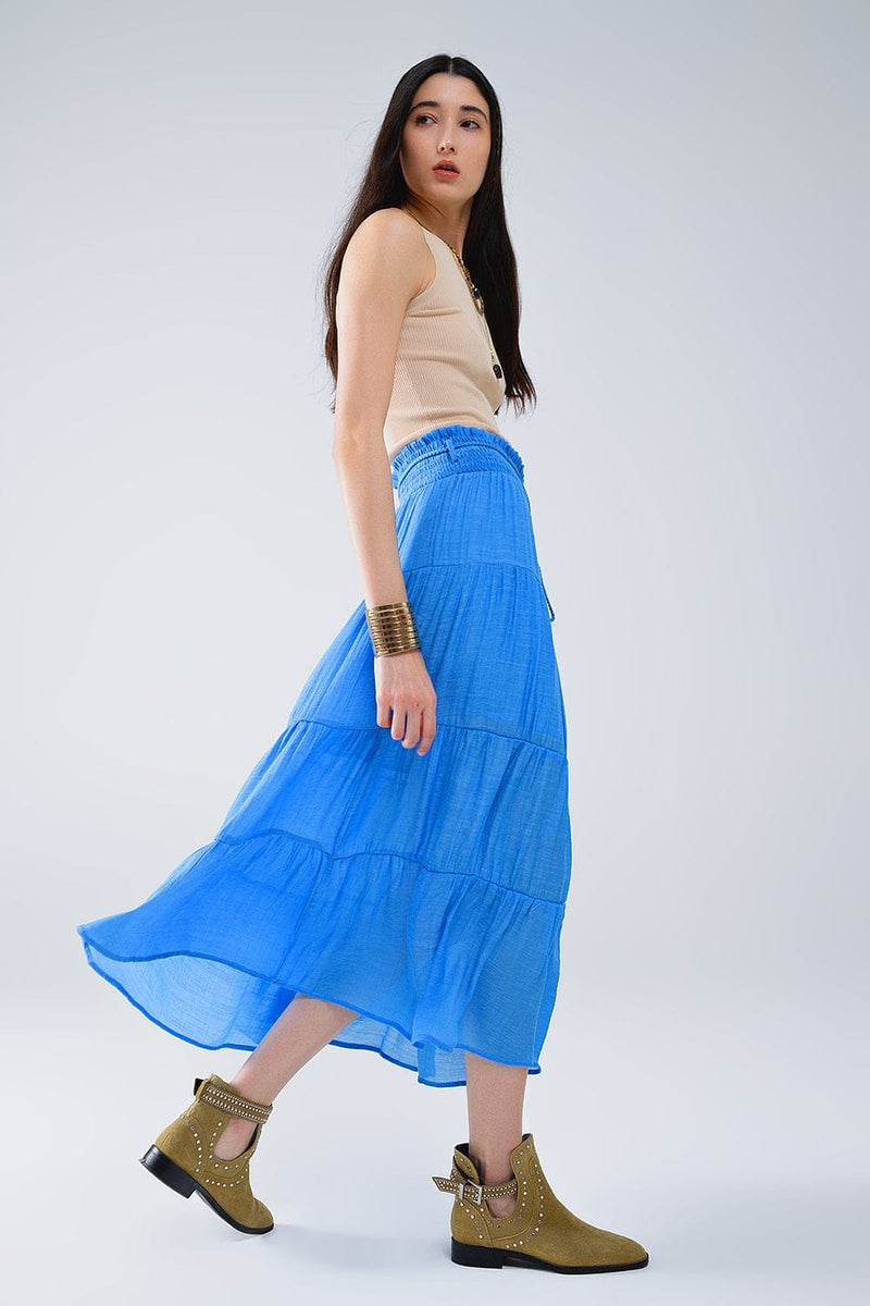 Q2 Women's Skirt Tiered Maxi Skirt In Blue With Elastic Waist And Shell Details